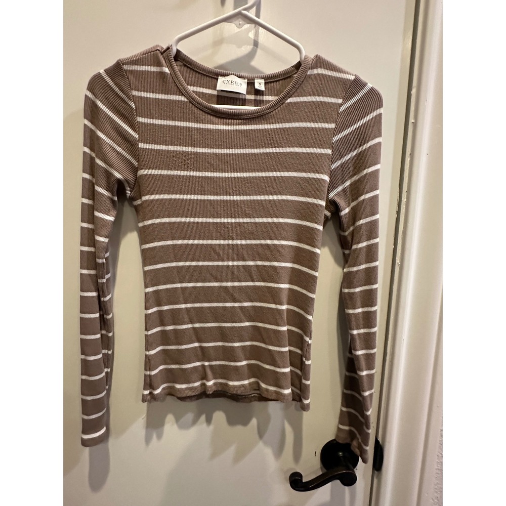 Cyrus Essentials Womens Ribbed Long Sleeve Striped Crew Neck Top Taupe White S